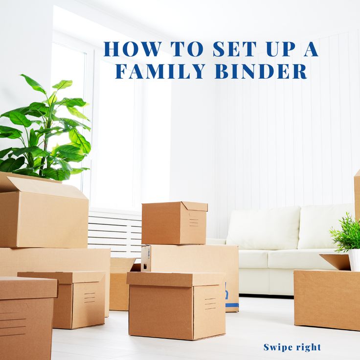 several cardboard boxes stacked on the floor in front of a couch and potted plant with text overlay how to set up a family binder