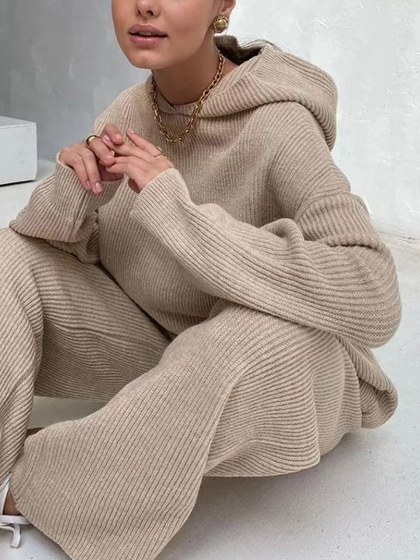 Loose Solid Color Round-Neck Hooded Long Sleeves Sweater Top + Drawstring Pants Bottom Two Pieces Set WHITE-L Rounded Wardrobe, Sweat Suits Women, Wide Leg Pant Suit, Loungewear Outfits, Sport Sweater, Knitted Clothes, Traje Casual, Sweatshirt Set, Sports Sweatshirts