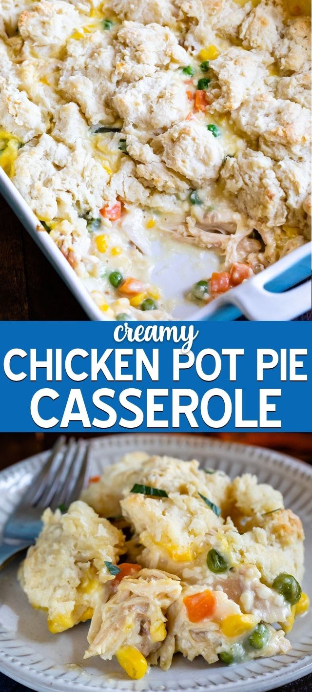 creamy chicken pot pie casserole on a white plate with a blue and white background