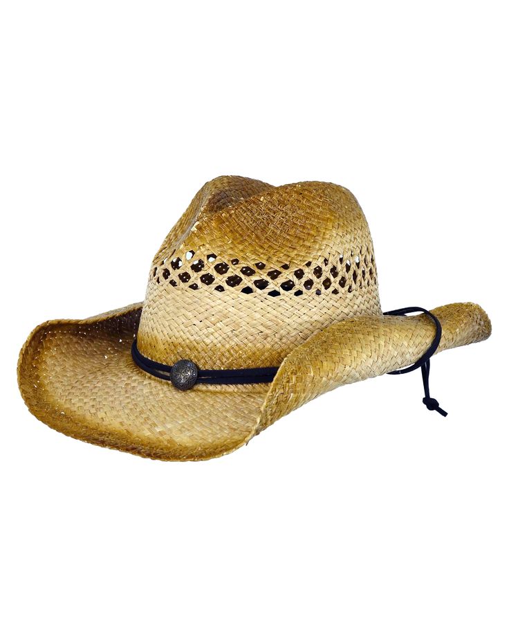 Eureka! We have found the perfect summer straw hat! This beautiful and simple hat is sure to be an instant favorite with its loose weave design on the crown which is tastefully tied together with a brown leather band and elegant fixture to complete the look on the front. Western Style Woven Straw Hat Band, Country Style Woven Straw Hat, Country Style Woven Straw Hat For Country Events, Country Style Straw Hat With Short Brim, Country Style Brimmed Straw Hat, Country Style Short Brim Straw Hat, Adjustable Natural Straw Hat For Ranch, Adjustable Woven Straw Hat For Ranch, Natural Straw Sun Hat For Ranch