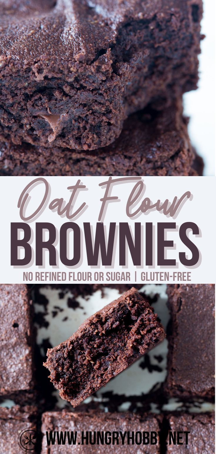 chocolate brownies stacked on top of each other with text overlay that reads, oat flour brownies no refrigerating flour or sugar