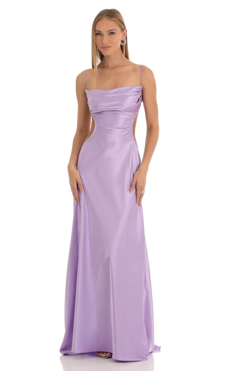 Calissa Satin Rhinestone Maxi Dress in Purple | LUCY IN THE SKY Light Purple Prom Dress, Deb Ball, Rhinestone Maxi Dress, Purple Satin Dress, Purple Formal Dress, Mitzvah Dresses, Prom Dress Ideas, Purple Silk Dress, Purple Long Dress