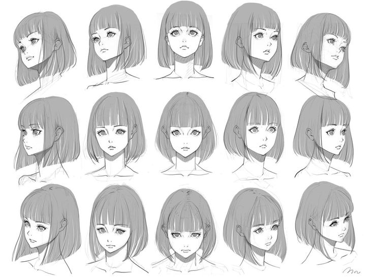 Bob Hairstyle Drawing Reference, Anime Hair 3/4 View, Short Bob Drawing, Bob Drawing Hair, Bob Hairstyle Drawing, Female Short Hair Drawing, Anime Bob Hair, Bob Hair Anime, Bob Hairstyles Drawing