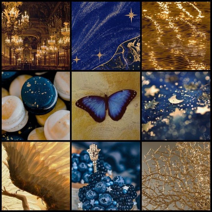 many different pictures with some gold and blue colors on them, including the image of a butterfly