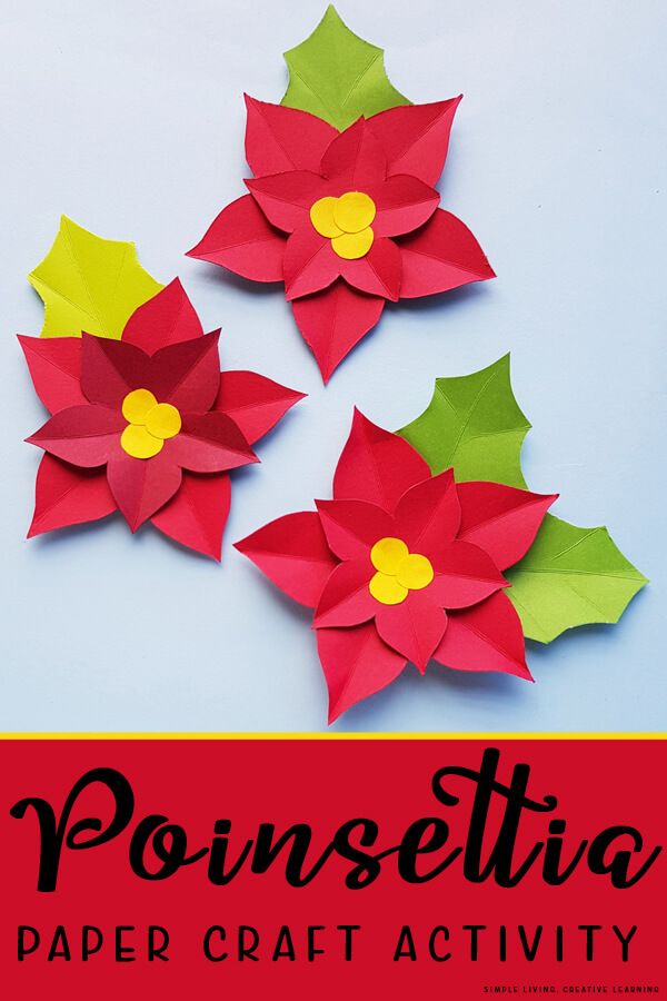 three paper poinsettia flowers with text overlay