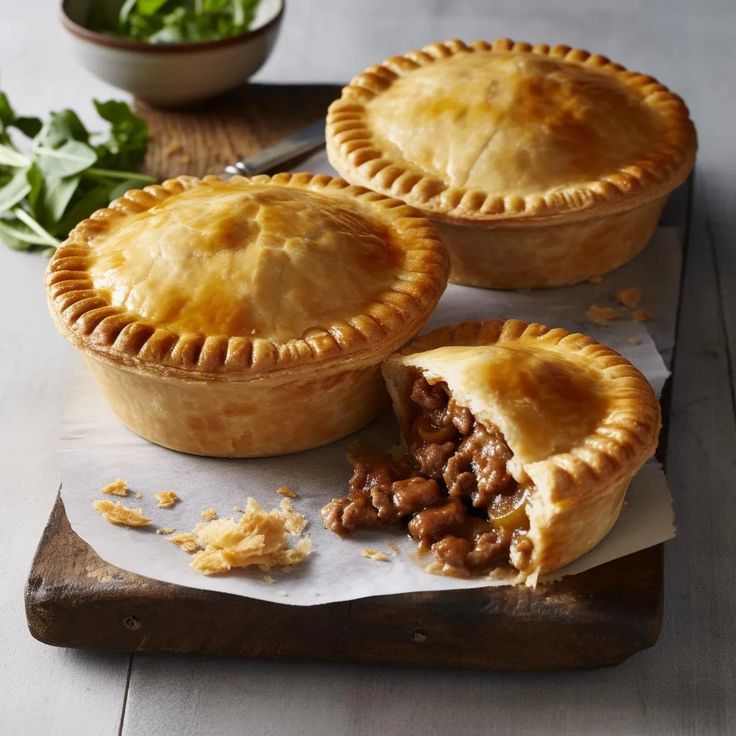 three pies sitting on top of a cutting board next to a bowl of greens