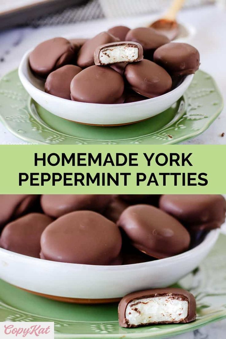 homemade york peppermint patties on plates with text overlay that reads homemade york peppermint patties