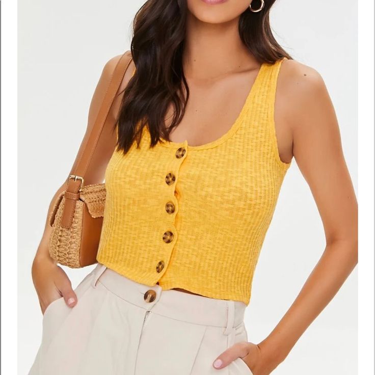 Yellow Cropped Sweater Tank With Brown Buttons. New With Tags! Stretchy Material. Casual Cropped Yellow Tank Top, Mustard Casual Crop Top For Summer, Casual Yellow Cropped Crop Top, Casual Mustard Crop Top For Summer, Trendy Yellow Crop Top For Day Out, Forever 21 Cropped Casual Tank Top, Trendy Yellow Crop Tank Top, Trendy Yellow Crop Top Tank, Trendy Yellow Crop Top