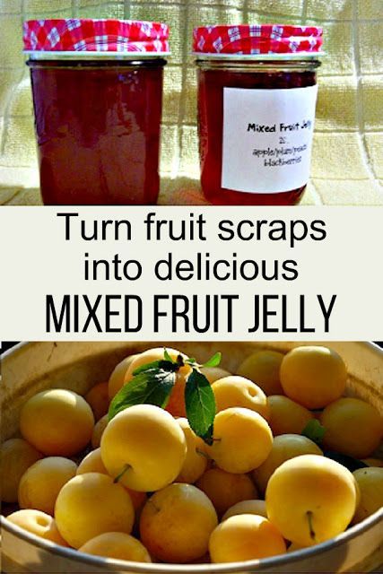 two jars of fruit sit next to each other on a table with the words, turn fruit scraps into delicious mixed fruit jelly