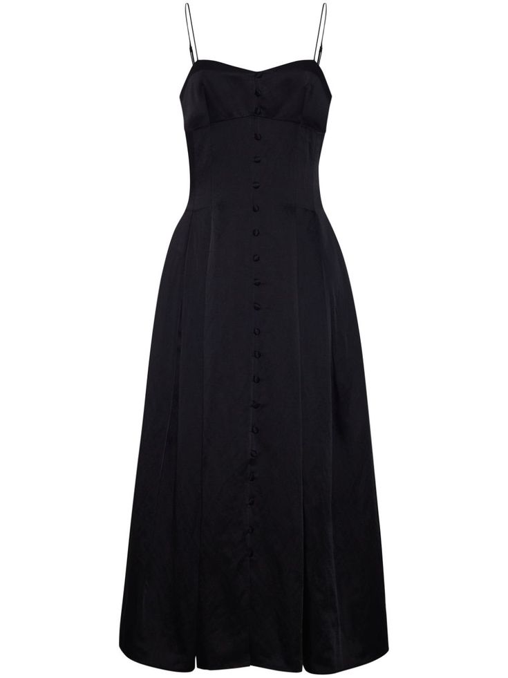 black linen-cotton blend sweetheart neck decorative button detailing spaghetti straps concealed rear zip fastening A-line straight hem mid-length Chic Shift Dresses, How To Style A Maxi Dress, 2024 Runway, Satin Suit, Adam Lippes, American Fashion Designers, Midi Dress Black, Hat Style, Feather Dress