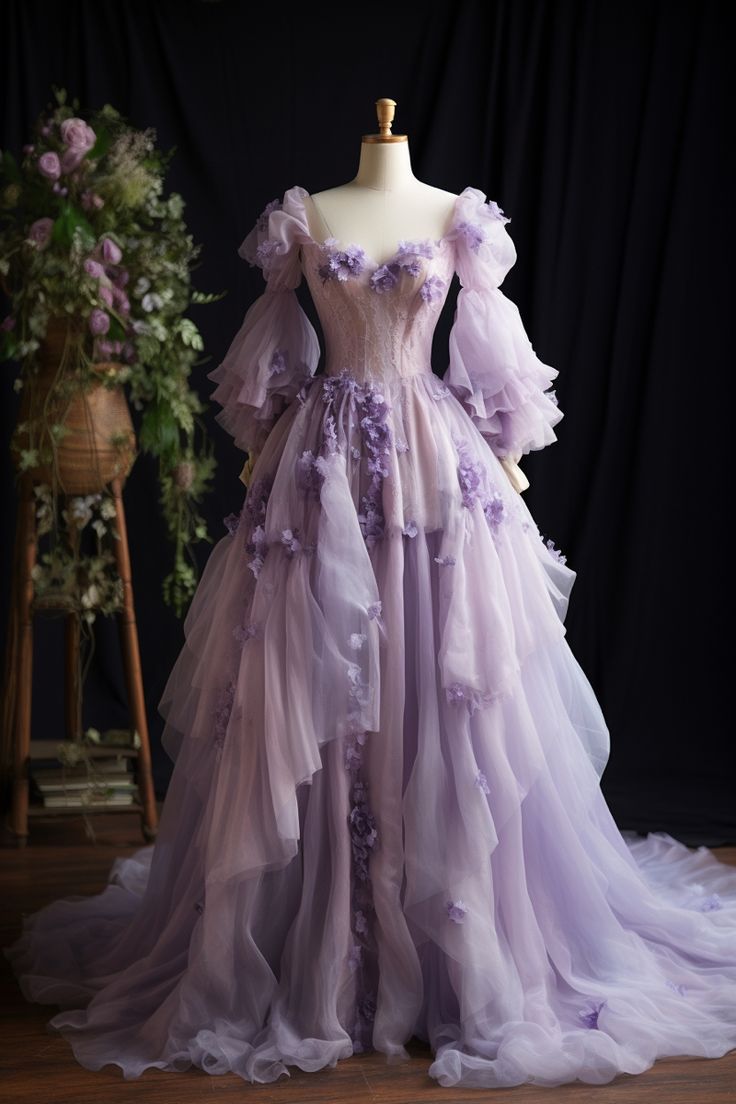 Lavender flower inspired gown Long Party Dress, Fantasy Dresses, Lavender Dresses, Princess Ball Gowns, Prom Dress Inspiration, Fantasy Gowns, Pretty Prom Dresses, Fairytale Dress, Fantasy Dress