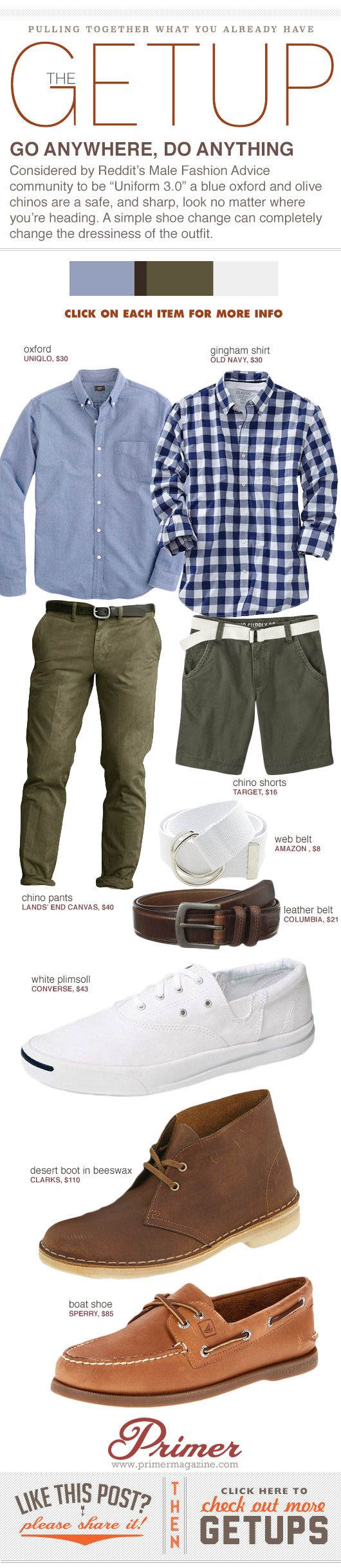 Considered by Reddit’s Male Fashion Advice community to be “Uniform 3.0” a blue oxford and olive chinos are a safe, and sharp, look no matter where you’re heading. A simple shoe change can completely change the dressiness of the outfit. Male Fashion Advice, Olive Chinos, Simple Shoes, Mode Casual, Sharp Dressed Man, 가을 패션, Men Looks, White Shoes, Well Dressed