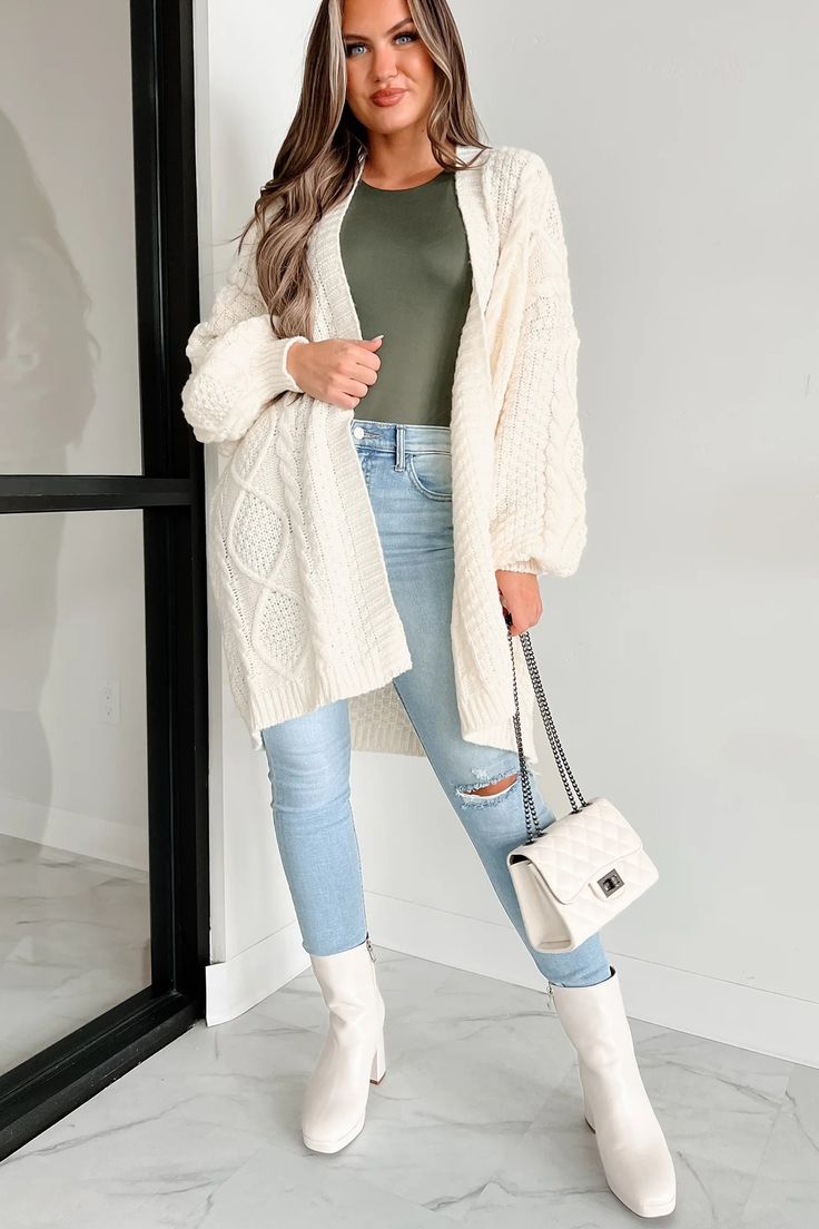 Dangerously Cozy Cable Knit Longline Cardigan (Cream) · NanaMacs Patterned Cardigan Outfit, Boho Rocker Chic Style, Cream Jacket Outfit, Cream Cardigan Outfit, Fall Modest Outfits, Long White Cardigan, Cardigan Outfit, Fall Cardigans, Oversized Knit Cardigan