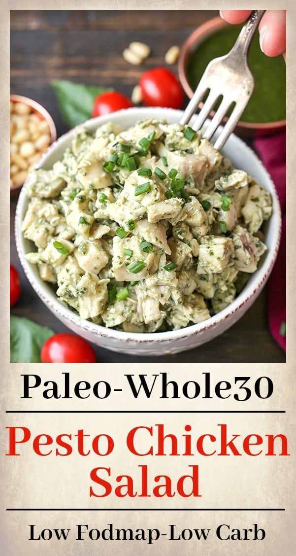 the cover of paleo - whole 30 pesto chicken salad by low fodmap low carb