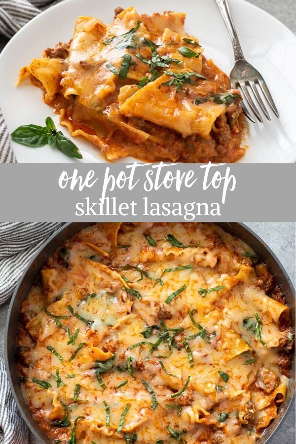 one pot stove top skillet lasagna with spinach and cheese on the side