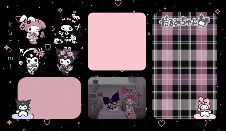 an assortment of stickers and decals on a black background with pink squares, hearts, and skulls