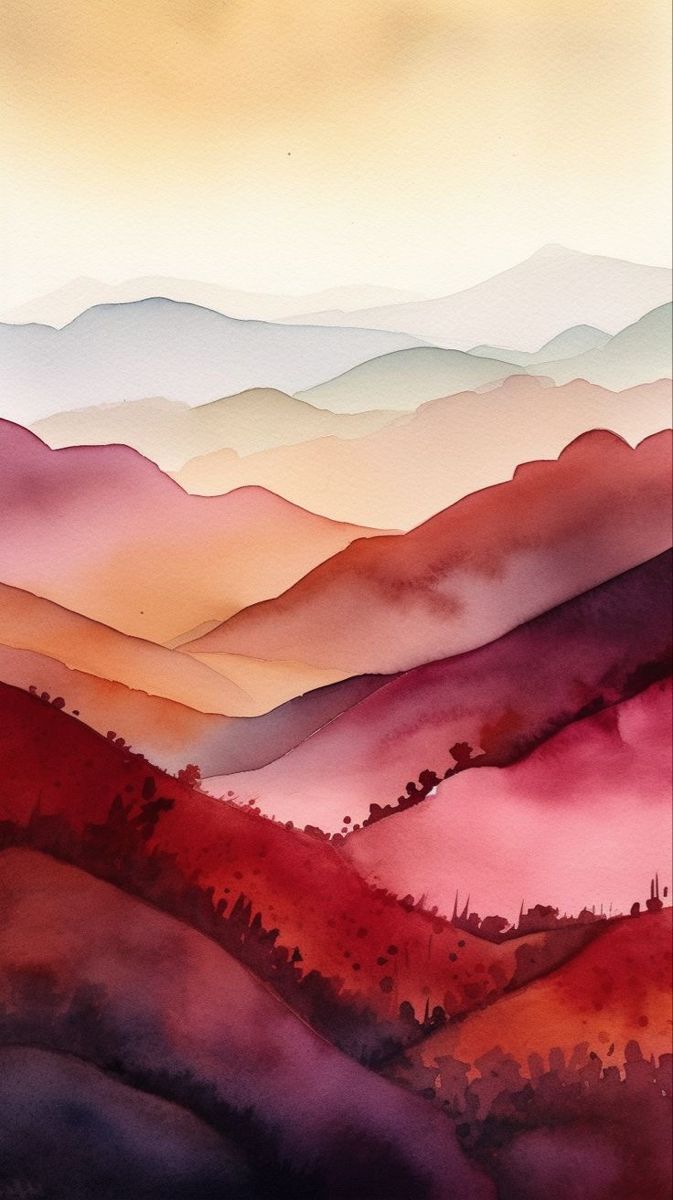 an abstract painting of mountains and trees in red, orange, yellow and purple colors