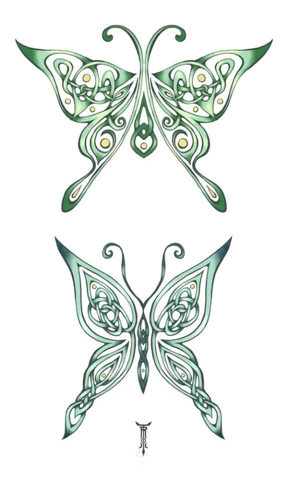 two green butterflies with intricate designs on their wings, one in the shape of a butterfly