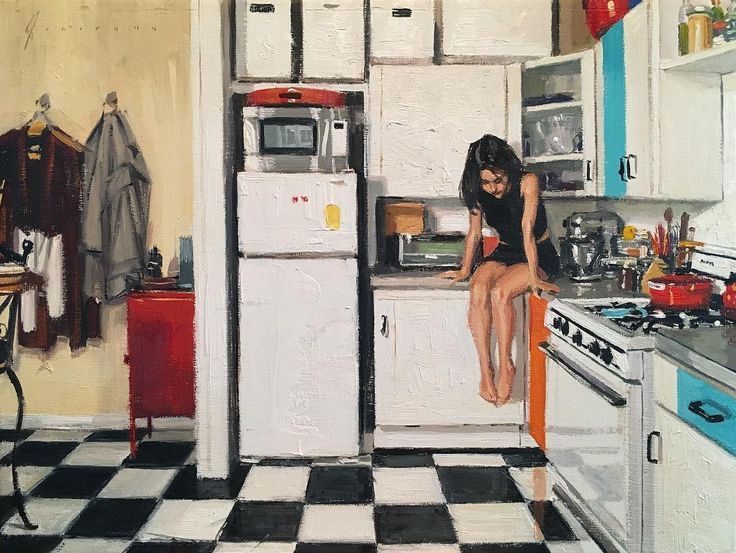 a painting of a woman sitting on top of a kitchen counter next to a refrigerator