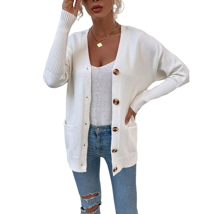 White Solid Button Knit Cardigan with Pocket Trendy Everyday Cardigan With Buttons, Trendy Buttoned Sweater For Everyday, White Cardigan With Button Closure For Fall, Trendy Everyday Sweater With Buttons, Trendy White Cardigan With Buttons, White Fall Cardigan With Button Closure, Spring Button-up Sweater With Buttoned Pockets, White Casual Cardigan With Buttons, White Sweater Coat With Button Closure