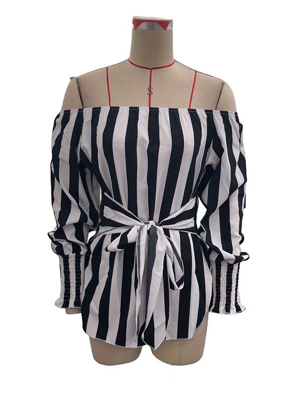 Sku CY-!167245 Material 95% Polyester Style Loose , Puff Sleeves , Long Sleeves Feature Tied Waist , Contrast Color , Striped , Elasticity , Split-joint Neckline Off-the-shoulder Occasion Urban , Leisure Fashion Seasons Spring , Autumn Type Blouses&shirts Tops Color WHITE BLACK Size S,M,L,XL,2XL Please consult the size chart we provide for this item's measurements to help you decide which size to buy.Please note: There may be 1-3cm differ due to manual measurement. CMINCH Bust Sleeve Length S 10 Black Long Sleeve Off-shoulder Top For Summer, Trendy Black Long Sleeve Off-shoulder Top, Trendy Black Off-shoulder Long Sleeve Top, Casual Black Off-shoulder Blouse, Black Off-shoulder Top For Summer, Black Off-shoulder Top For Spring Day Out, Black Off-shoulder Top For A Spring Day Out, Leisure Fashion, Daily Dress