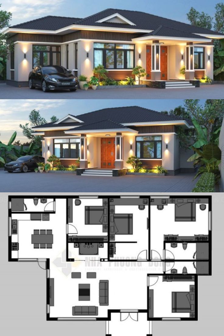 two story house plan with 3 bedroom and 2 bathrooms in the front, an open floor plan