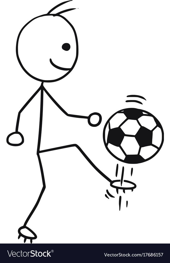 a stick figure holding a soccer ball in his hand and kicking it with its foot