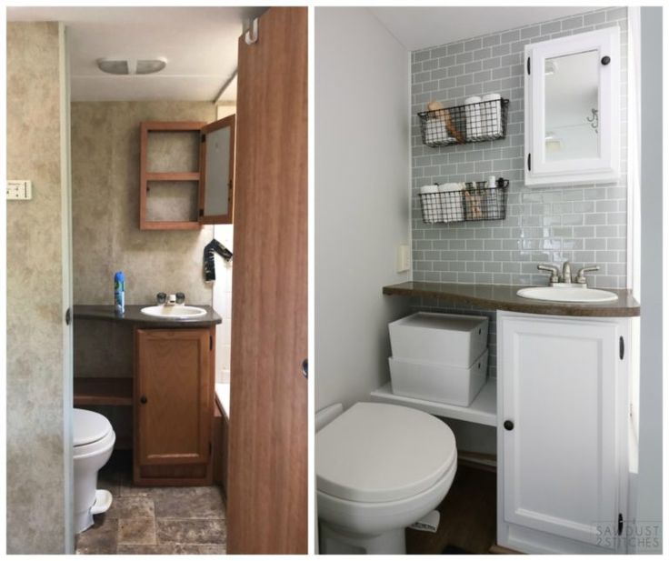 two pictures of a bathroom with toilet, sink and cabinets in it's corner