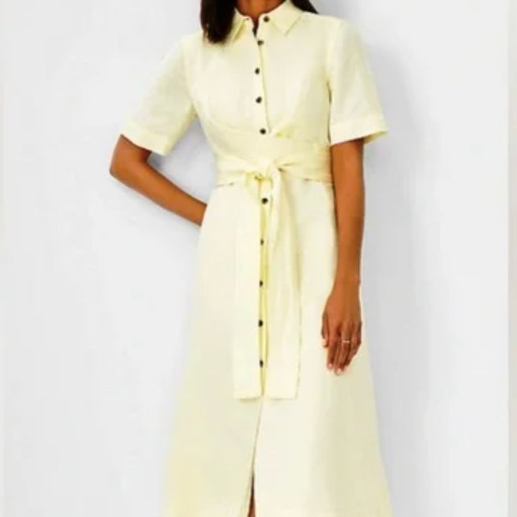 Never Worn. Perfect Condition. Classic Midi Dress For Spring Brunch, Chic Yellow Maxi Dress For Work, Classic Spring Belted Dresses, Classic Belted Spring Dresses, Fitted Midi-length Shirt Dress For Spring, Fitted Midi Length Shirt Dress For Spring, Fitted Yellow Belted Dress, Elegant Yellow Belted Dress, Yellow Midi Dress For Summer Workwear