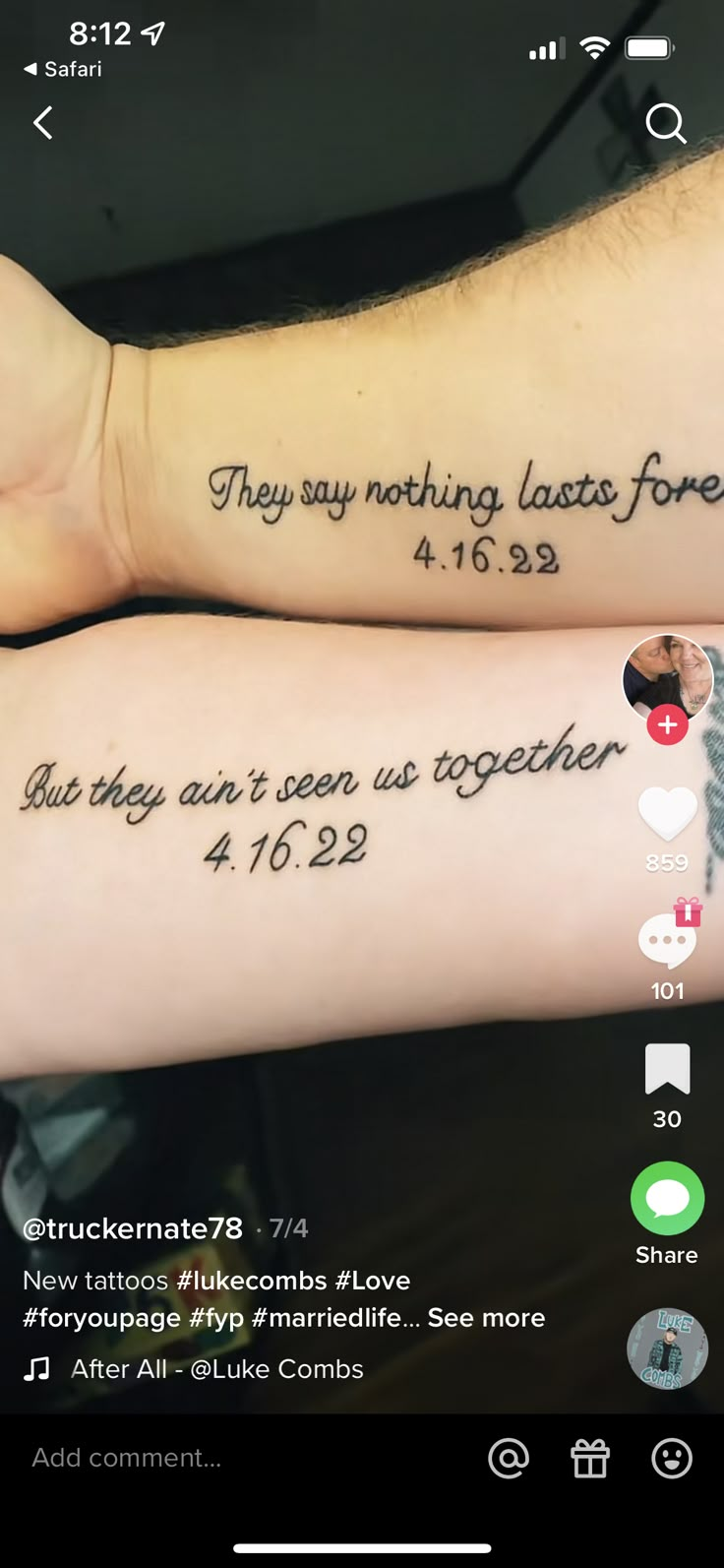 two people with tattoos on their arms and one has a message written on the arm