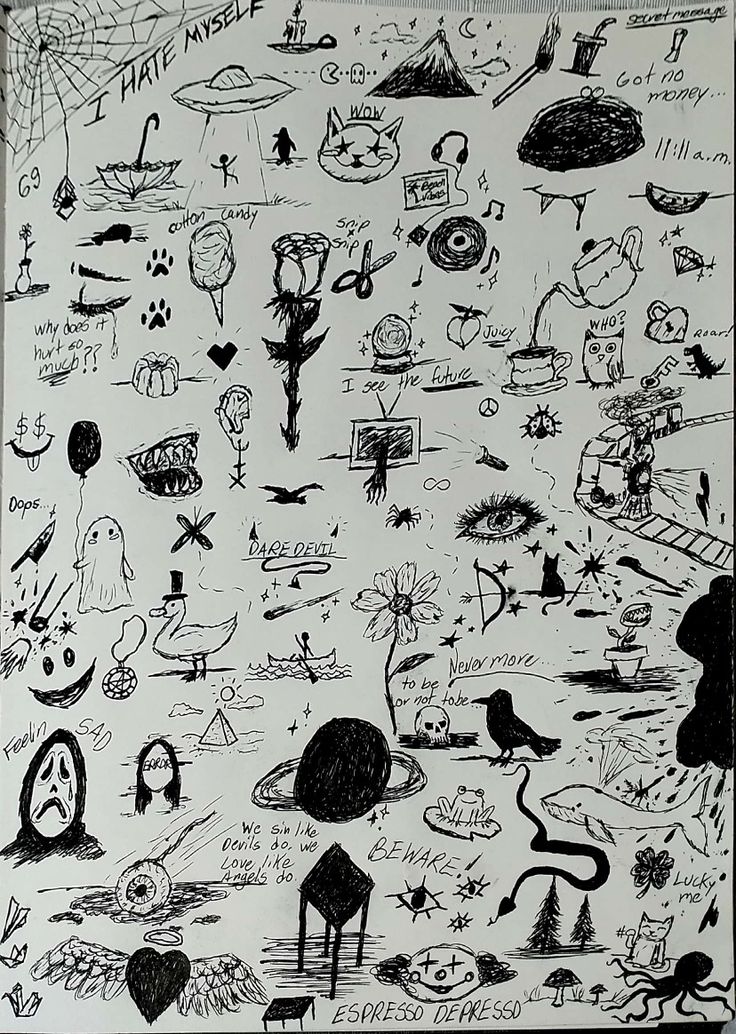 black and white drawing of many different things