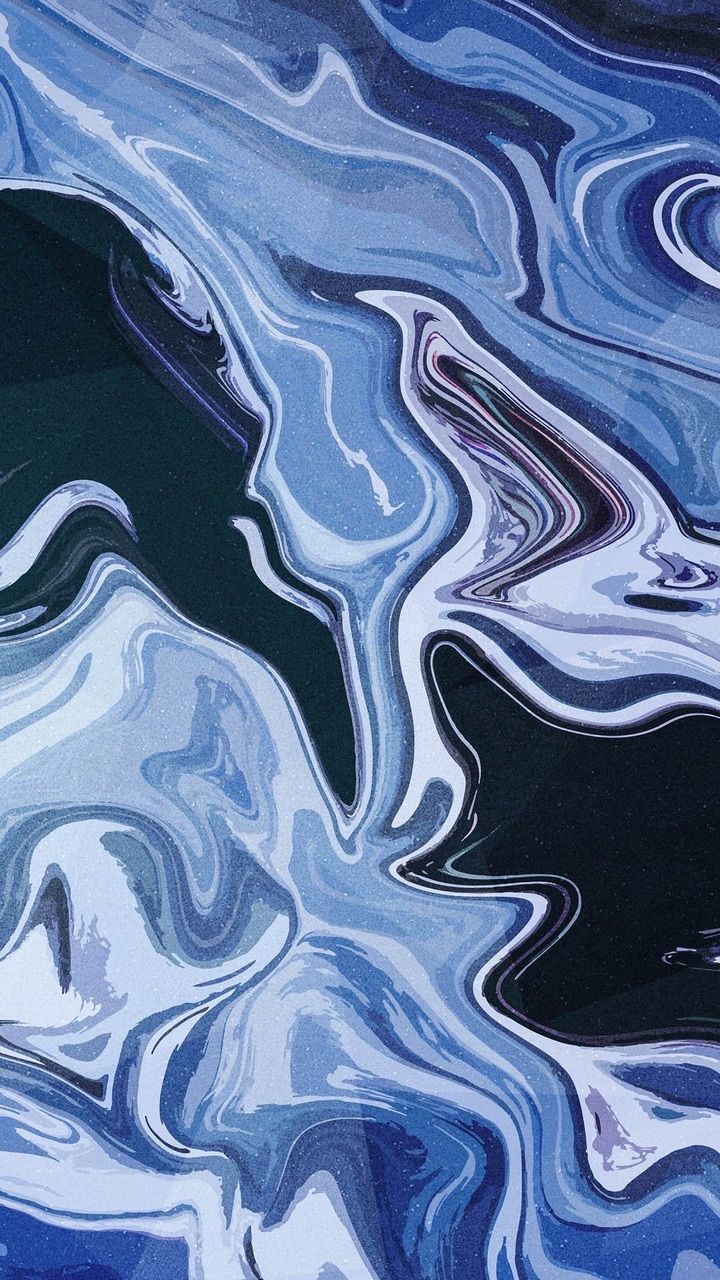 an abstract painting with blue, black and white swirls in the water on top of each other