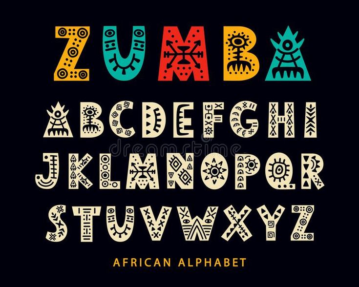 an african alphabet with numbers and symbols in the style of art nouveauism, on a black