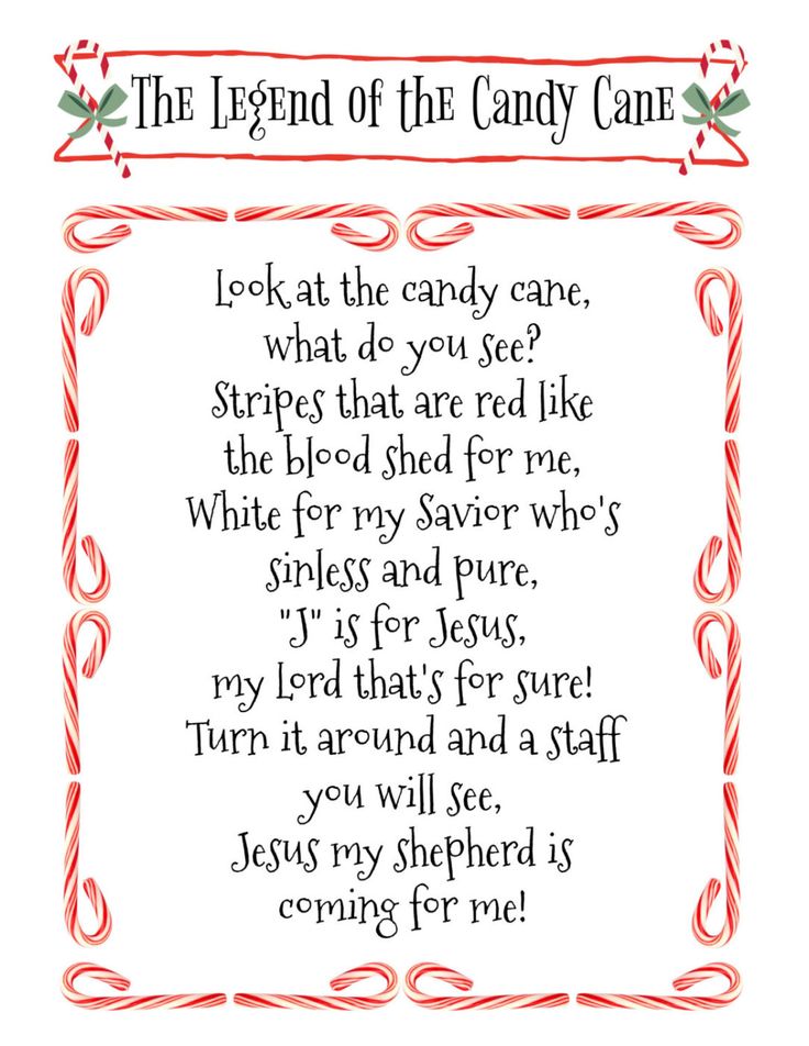 the legend of the candy cane poem is shown in red and green lettering on white paper