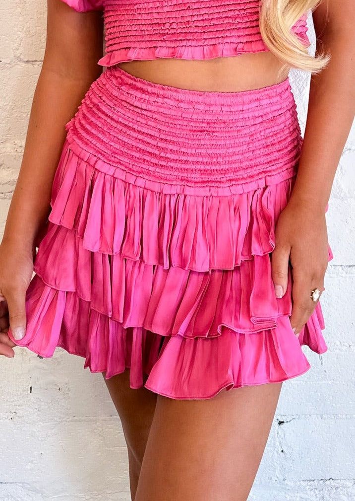 Seychelles Ruffle Skort Chic Tiered Skirt For Spring, Feminine Tiered Ruffled Skirt, Feminine Tiered Bottoms With Layered Hem, Chic Tiered Pleated Bottoms, Chic Pleated Tiered Bottoms, Tiered Layered Hem Feminine Bottoms, Tiered Pink Mini Skirt With Ruffles, Tiered Ruffled Mini Skirt In Pink, Chic Pink Ruffled Mini Skirt