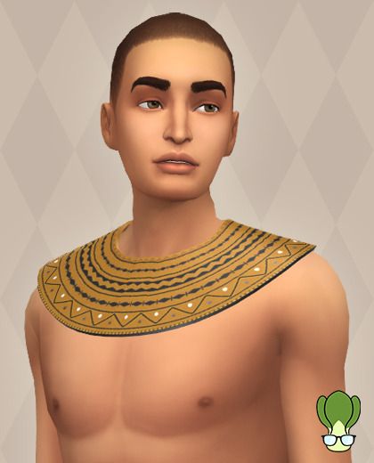 an egyptian man with no shirt and gold jewelry on his chest, standing in front of a white background