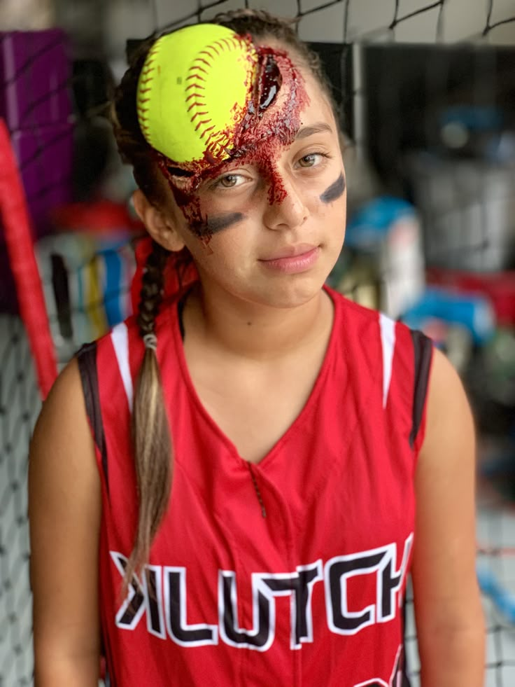 a girl with her face painted like a softball