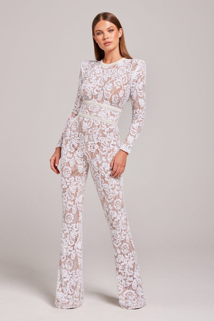 Bella White Jumpsuit Nadine Merabi, Lace Belt, Bridal Jumpsuit, The Modern Bride, Lace Jumpsuit, Alexandre Vauthier, David Koma, Outfit Jeans, White Belt