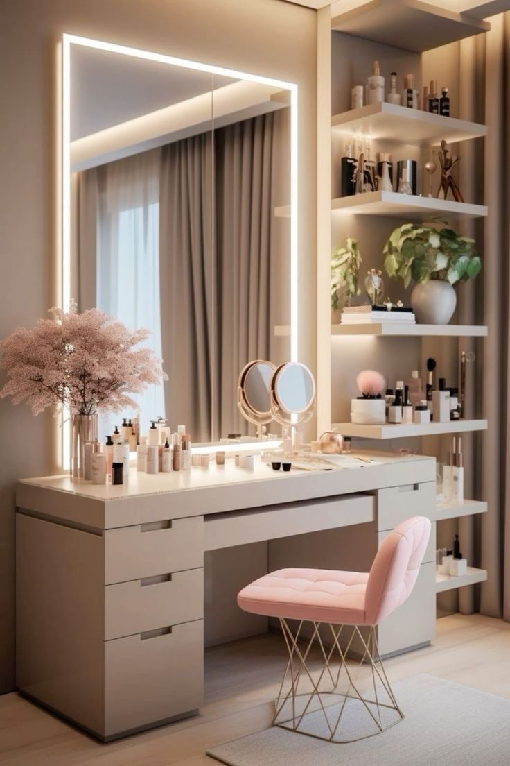 a vanity with a mirror, stool and lights