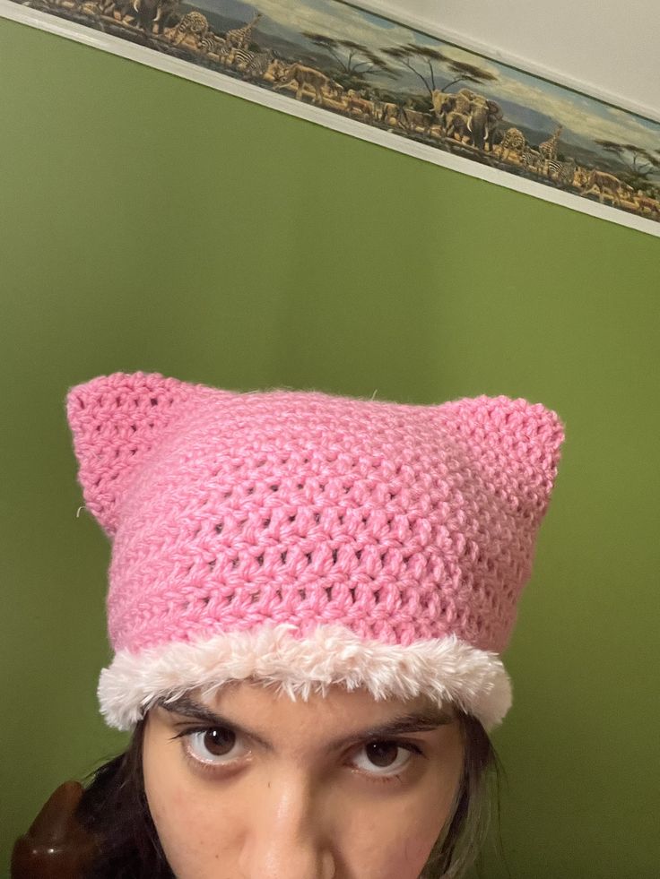 Pink crochet cat ear beanie with pink fur yarn edging  Made to order  Handmade by me No returns on this item Crochet Cat Ear Beanie, Cat Ear Beanie, Ear Beanie, Cat Eared Beanie, Pink Fur, Pink Crochet, Cat Ear, Costume Hats, Crochet Cat