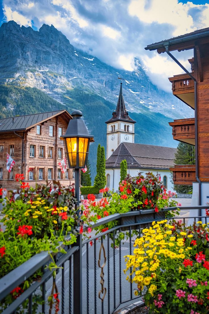 a street with flowers and buildings in the background