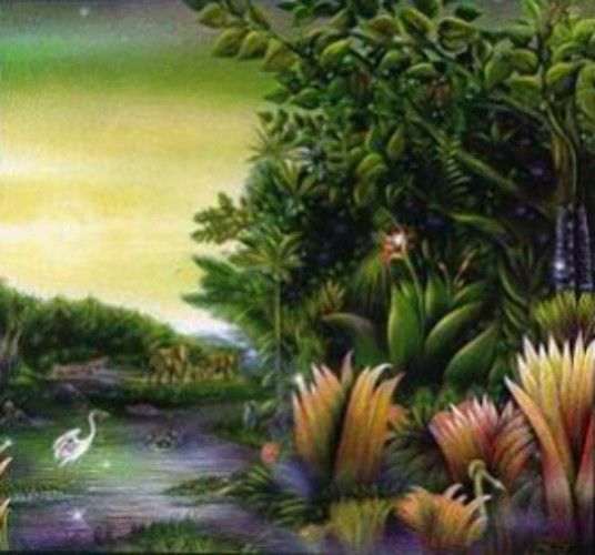 an image of a painting with birds and plants in the foreground, as well as water