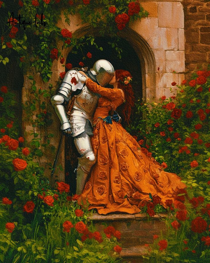 a painting of a man and woman dressed in medieval clothing kissing on the steps with roses growing all around them