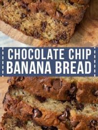 chocolate chip banana bread cut into slices on a cutting board with the words chocolate chip banana bread