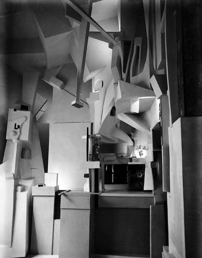 black and white photograph of an abstractly designed kitchen