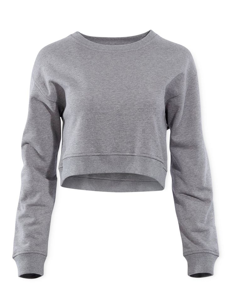 The 02 FRENCH TERRY CROPPED SWEATER is the athleisure staple that has it all: the perfect length, fit and is made of 100% organic deadstock french terry cotton. We chose french terry because it will keep you cool in warmer temperatures and warm in cooler temperatures, making it perfect for loungewear. It's also cozy, moisture-wicking, and absorbent. This style features a ribbed neckline and slightly dropped shoulders giving it a slim boxy silhouette. Product Details Long sleeves Cropped Ribbed n Gray French Terry Tops With Ribbed Cuffs, Gray Sweatshirt With Ribbed Cuffs For Workout, Gray Crew Neck Tops For Athleisure, Cropped Cotton Sweater With Ribbed Collar, Gray Workout Sweatshirt With Ribbed Cuffs, Solid Color French Terry Sweatshirt For Athleisure, Solid French Terry Sweatshirt For Athleisure, French Terry Athleisure Sweater, Cozy Fit Crew Neck Sportswear Tops