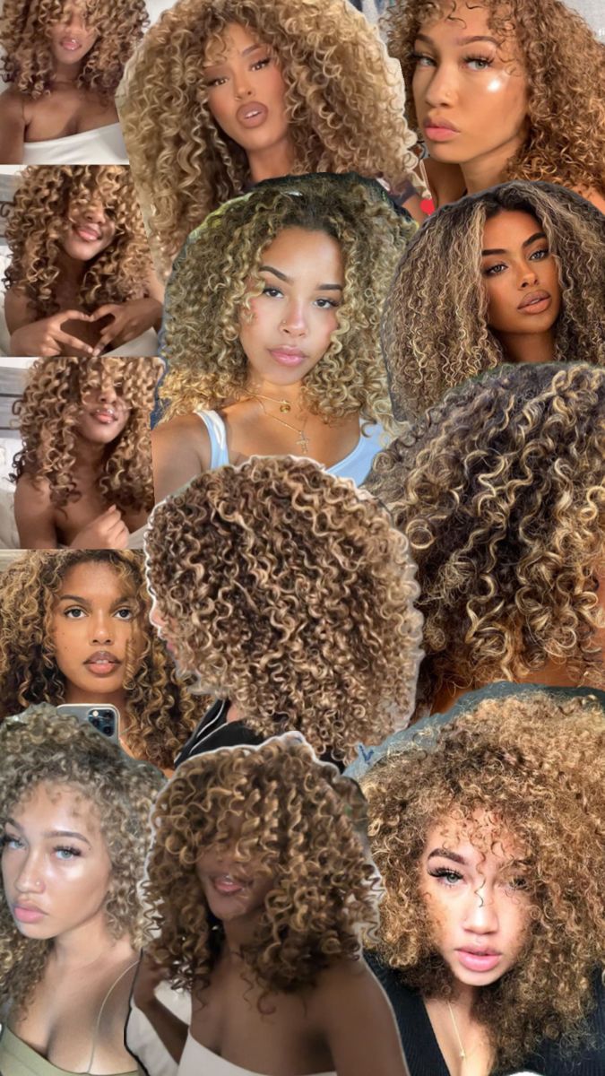 Curly blonde highlights on black women Hair Highlights For Curly Hair, Balayage Hair Blonde Highlights, Curly Highlights Blonde, Brown Hair With Highlights Curly, Honey Brunette Balayage, Brunette Balayage Hair Blonde, Curly Brown Hair With Highlights, Highlights For Curly Hair, Honey Blonde Curls