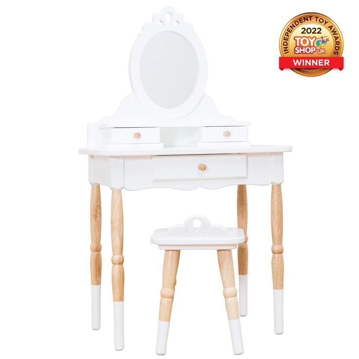 a white wooden vanity table with stool and mirror on it's side, winner 2012