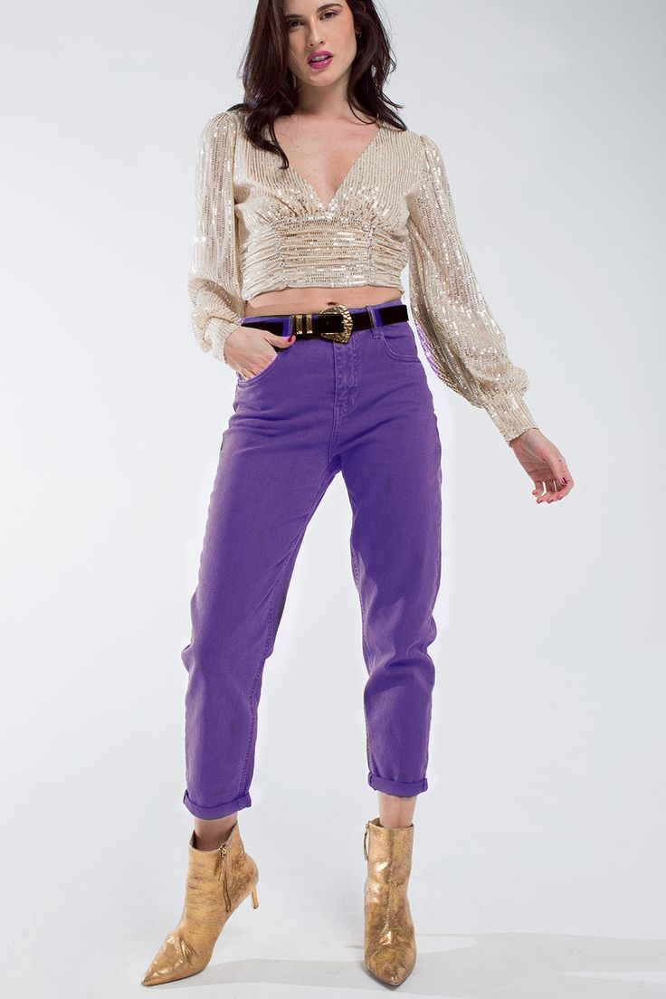 Introducing our Purple Straight Leg Jeans with Hem Detail, a trendy and stylish addition to your spring wardrobe, offering a perfect pop of color that pairs beautifully with a white top. These fashionable purple jeans feature a classic straight leg design with a chic hem detail, making them an ideal choice for the spring season. Crafted from a blend of 98% Cotton and 2% Elastane, they provide both comfort and stretch, ensuring you feel confident and on-trend. Our model confidently showcases size Mid-rise Purple Cotton Pants, Purple Tapered Leg Bottoms For Spring, Trendy Tapered Leg Jeans For Spring, Chic Tapered Leg Spring Jeans, Purple Mid-rise Cotton Jeans, Chic Tapered Leg Jeans For Spring, Trendy High Waist Purple Pants, Trendy Purple Straight Pants, Trendy Purple Pants For Spring