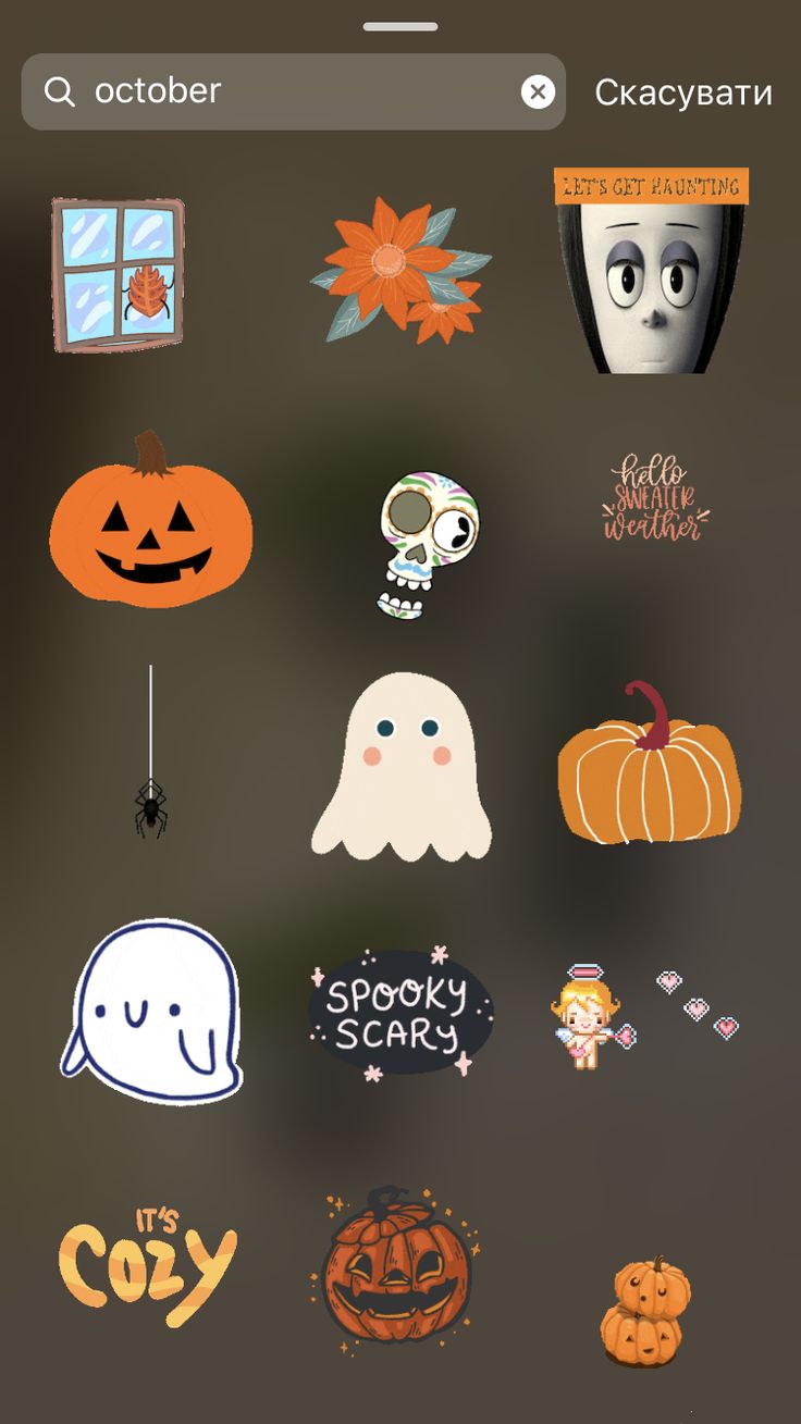 an iphone screen with various halloween stickers on the front and back side, including ghost, pumpkins, jack - o'- lanterns